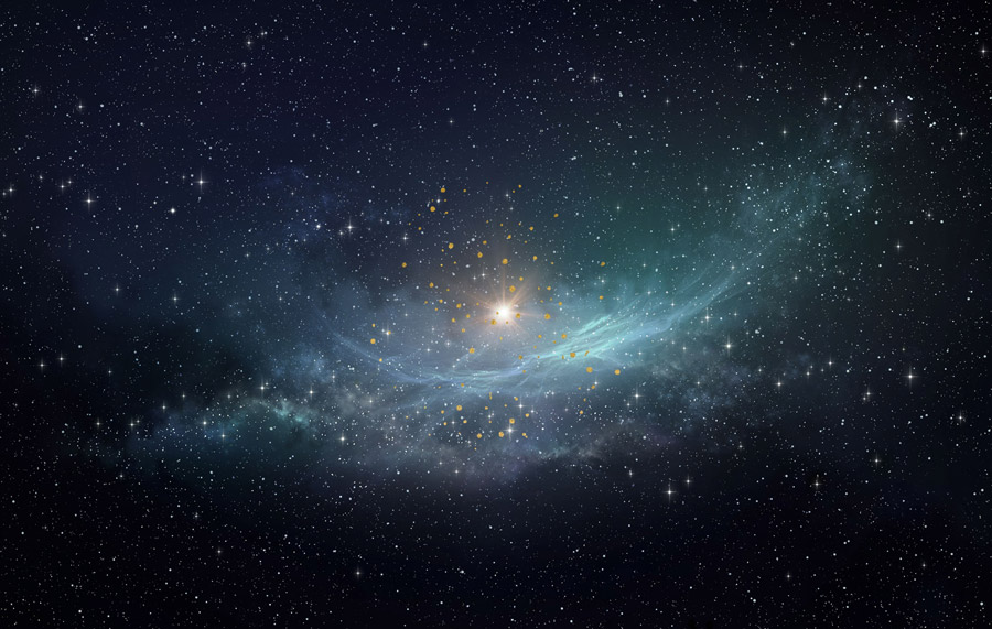 Foto einer Galaxie in dunklen und hellen Blautönen. In der Mitte leichtet ein heller Stern. Darüber sind vereinzelt goldene Punkte gelegt.